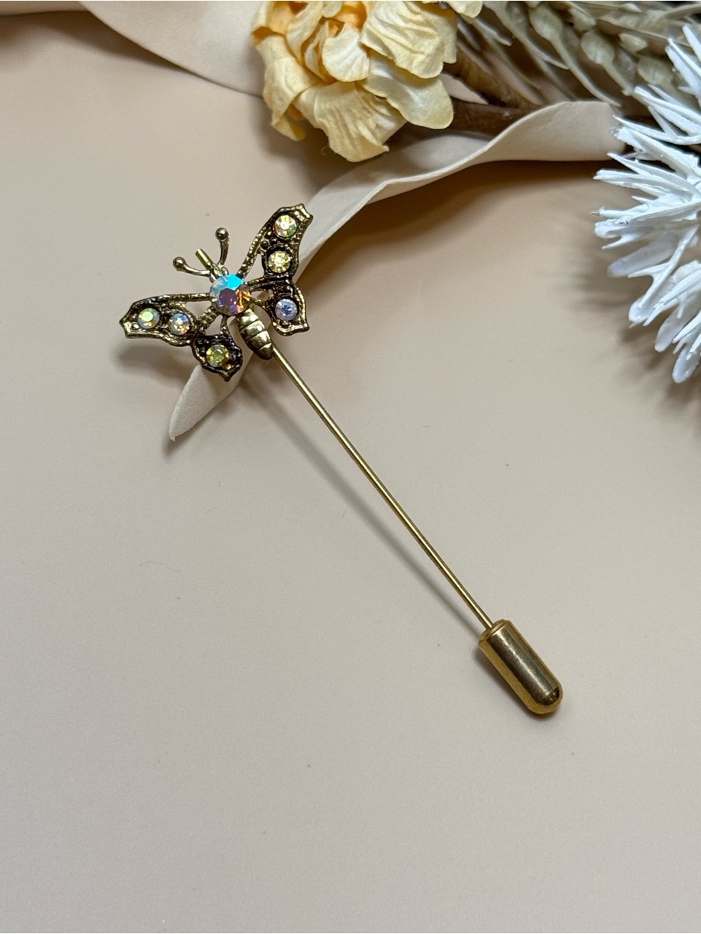 Vintage Gold Tone Butterfly Rhinestone Stick Pin Lapel Hat Scarf Pin